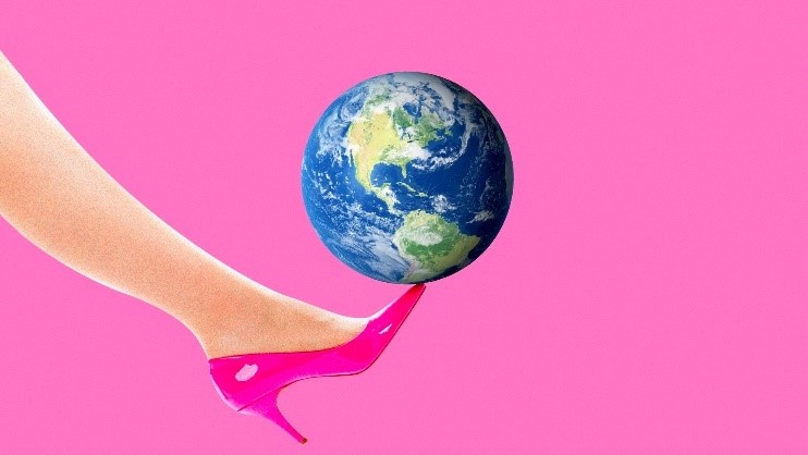 a graphic showing a barbie shoe and an aerial view of earth